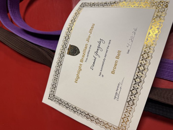 Brown belt · April 20, 2026 · Promoted by Alyn Brooks