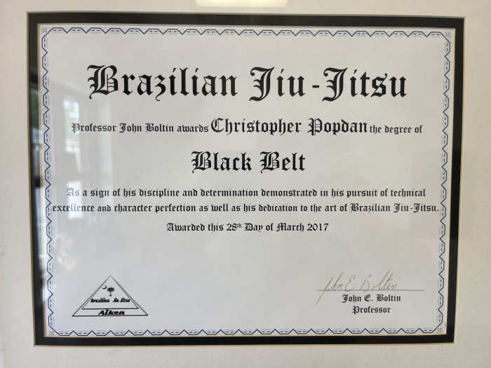 Black Belt Certificate presented by Professor John Boltin