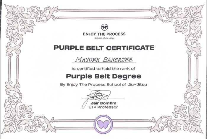 Purple belt · May 3, 2026 · Promoted by Professor Jair Bomfim Da Silva Cummins