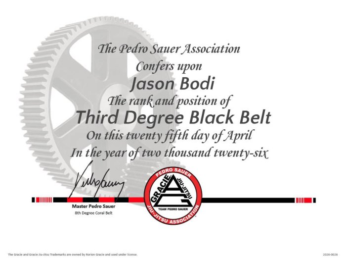 Black belt 3rd degree · May 6, 2026 · Promoted by Pedro Sauer
