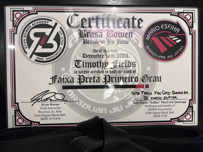Black belt 1st degree · December 16, 2023 · Promoted by Ryan Bowen