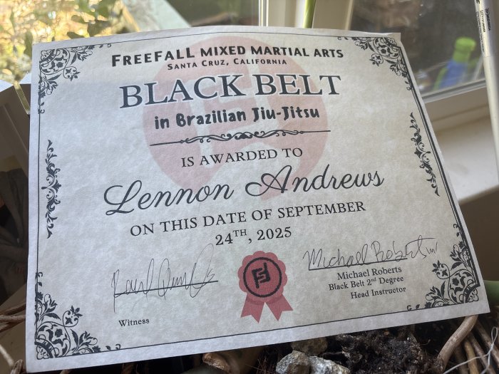 Black belt · September 24, 2025 · Promoted by Mike Roberts—Freefall MMA, 2nd Degree under Claudio França