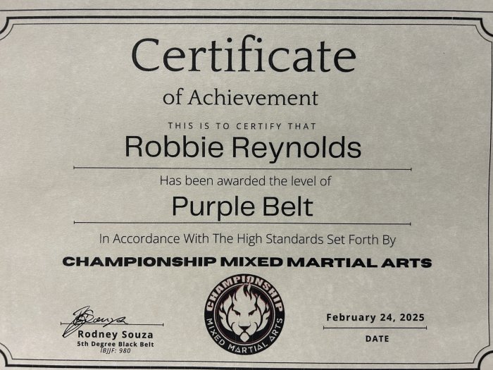 Purple belt · February 25, 2025 · Promoted by Rodney Souza