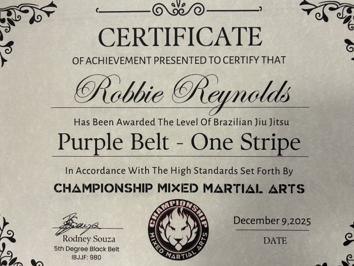 Purple belt · February 25, 2025 · Promoted by Rodney Souza