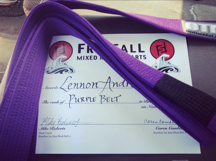 Purple belt · November 11, 2018 · Promoted by Mike Roberts—Freefall MMA, 2nd Degree under Claudio França