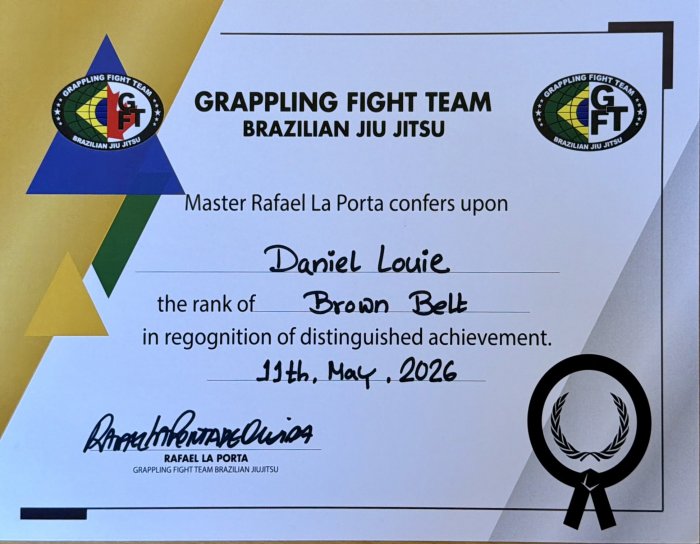 Brown belt · May 11, 2026 · Promoted by Rafael La Porta de Oliveira