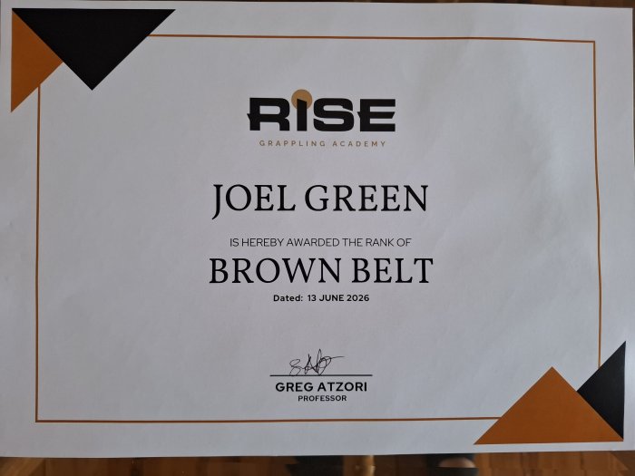 Brown belt · June 13, 2026 · Promoted by Luke Hallman