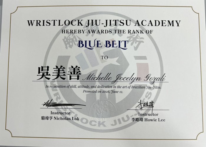 Blue belt · June 12, 2026 · Promoted by Wai Hang Nicholas Lok