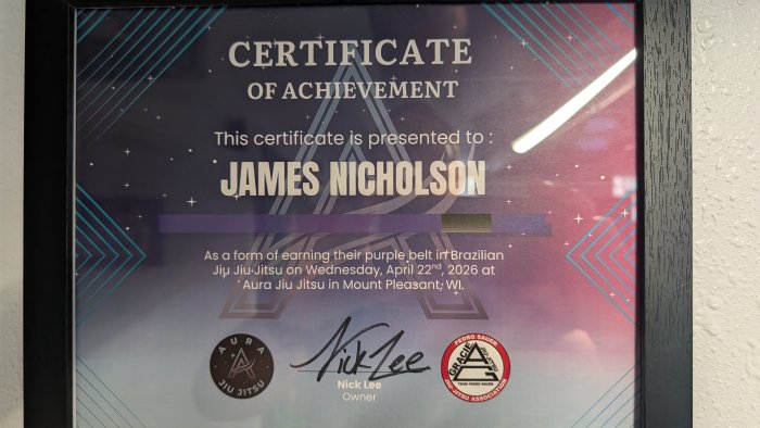 Purple belt · April 22, 2026 · Promoted by Nick Lee