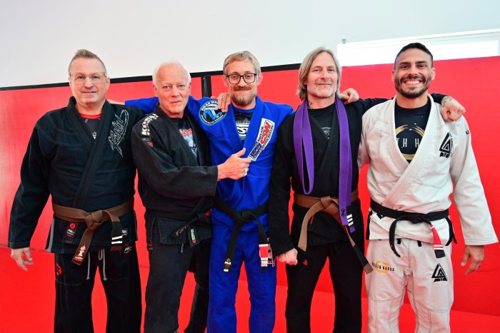Promotion to Brown belt, with Israel Barden, Joe Mellio, Eric Dutch Van Alstyne, and Joey Hauss.
