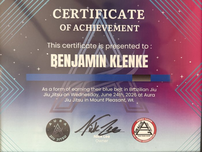 Blue belt · June 24, 2026 · Promoted by Nick Lee
