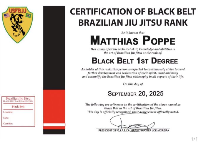 Black belt 1st degree · September 20, 2025 · Promoted by Joe Moreira