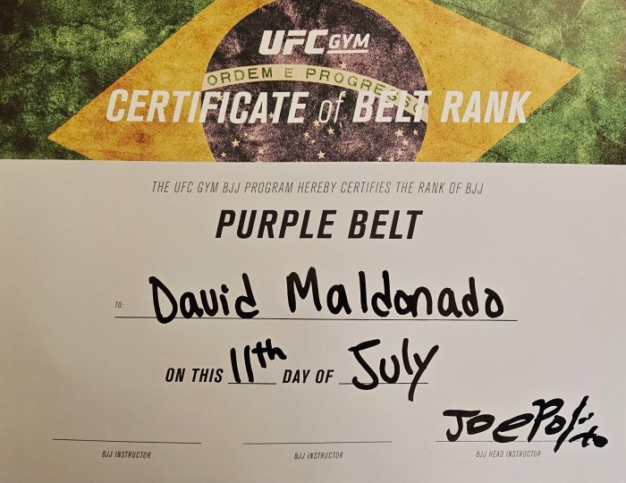 Purple belt · July 11, 2026 · Promoted by Professor Joey Polito