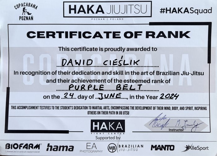 Purple belt · June 6, 2024 · Promoted by Adrian Ratajczak