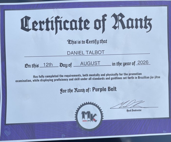 Purple belt · August 12, 2026 · Promoted by Michael Karam