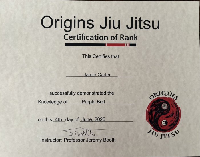Purple belt · June 4, 2026 · Promoted by Origins Jeremy Booth