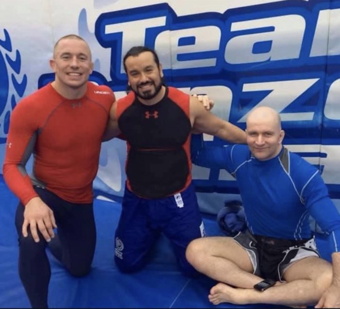 George St. Pierre and John Danaher with me training at the famous blue basement at Renzo Gracie Academy NYC