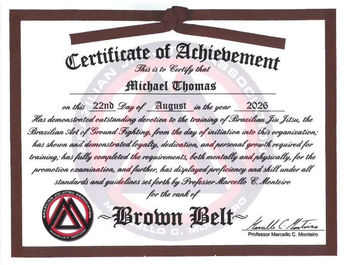 Brown belt · August 22, 2026 · Promoted by Marcello C. Monteiro