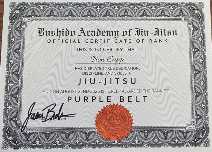 Purple belt · August 22, 2026 · Promoted by Jason Brake