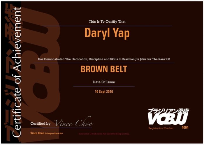 Brown belt · September 10, 2026 · Promoted by Kwokyin Choo