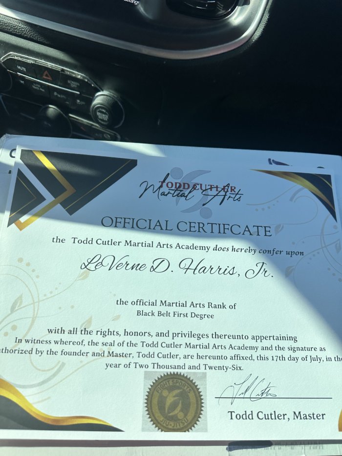 Black belt 1st degree · July 17, 2026 · Promoted by Todd Cutler