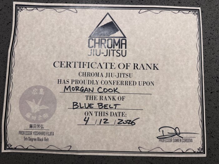 Blue belt · April 27, 2026 · Promoted by Damien Cordova