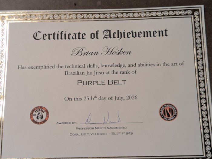 Purple belt · July 25, 2026 · Promoted by Marco Nascimento