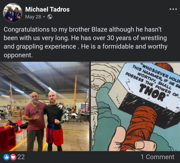 Blue belt · May 28, 2026 · Promoted by Michael Tadros - Doomsday BJJ/Sambo